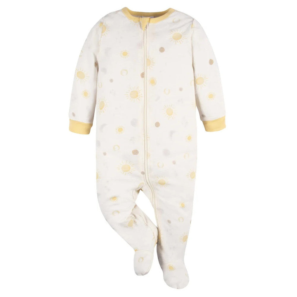 Gerber Sleep N Play neutral celestial footed onesie in white with yellow sun print
