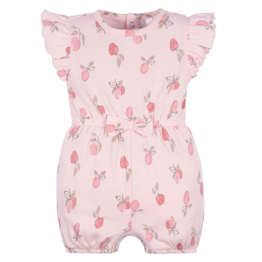 Gerber sleeveless romper in pink apple print with ruffle sleeves and bow at waist