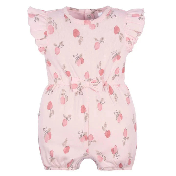 GERBER baby romper, pink sleeveless with apple print, bow at waist, and ruffled sleeves.