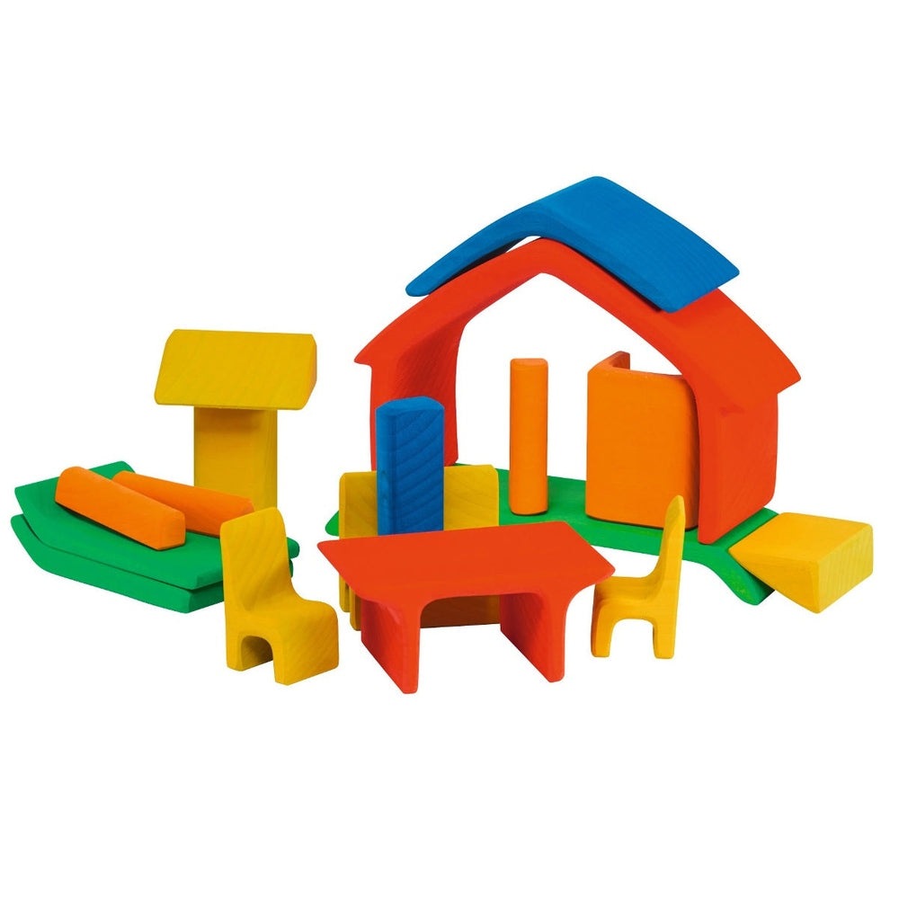 Gluckskafer All-In House 17-piece wooden playset with red house, blue roof and yellow furniture