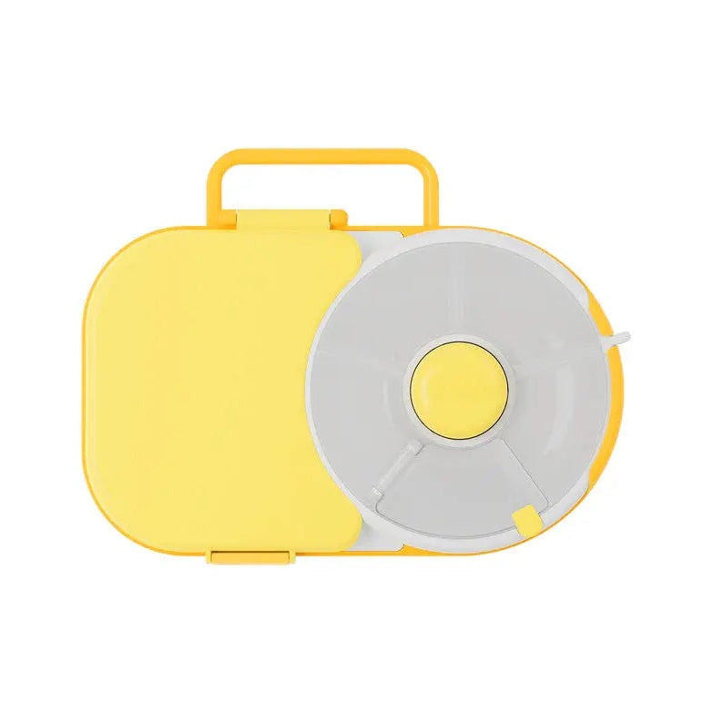 Gobe Lunchbox in bright yellow with a round gray meal container and an integrated carry handle