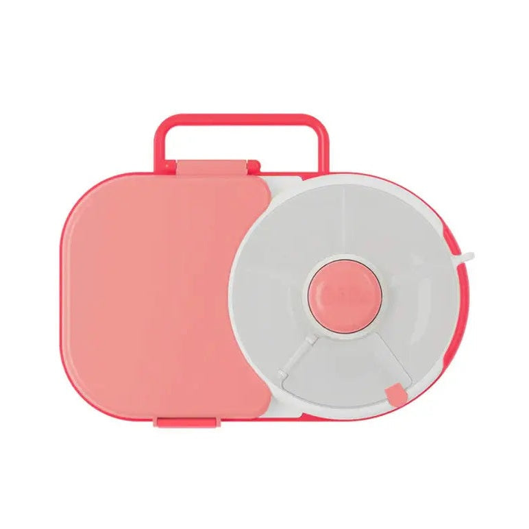 Gobe Lunchbox pink with rounded corners and built-in handle, featuring a circular white insert on the right.