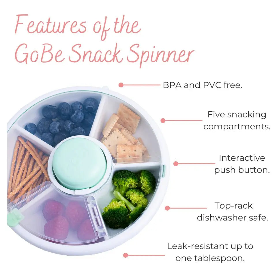 Gobe Snack Spinner Small round lunch box with five compartments, shown with interactive push button and BPA-free.