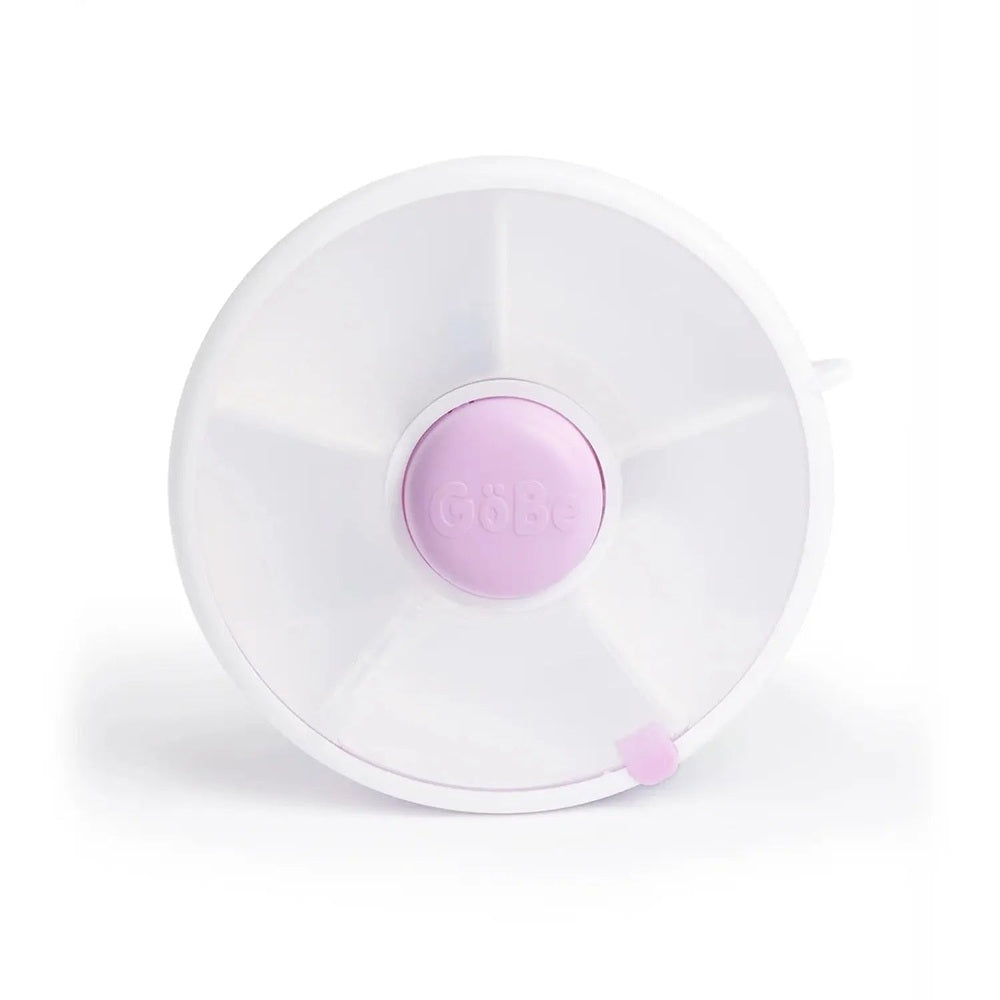 Gobe Snack Spinner Small, white plastic with pink center knob; knob ready to twist, logo visible.