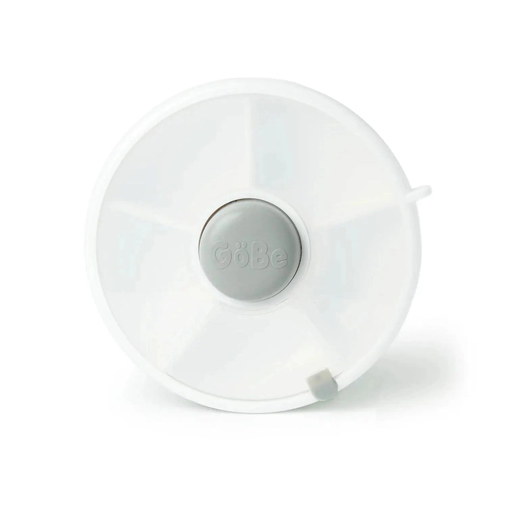 Gobe Snack Spinner Small, white plastic with silver center knob; edge tab shows rotation feature.