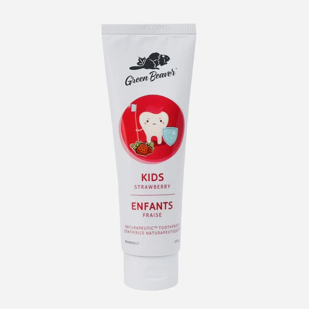 Green Beaver Kids Fluoride-Free Toothpaste, strawberry flavor, with cartoon tooth and toothbrush on the tube.