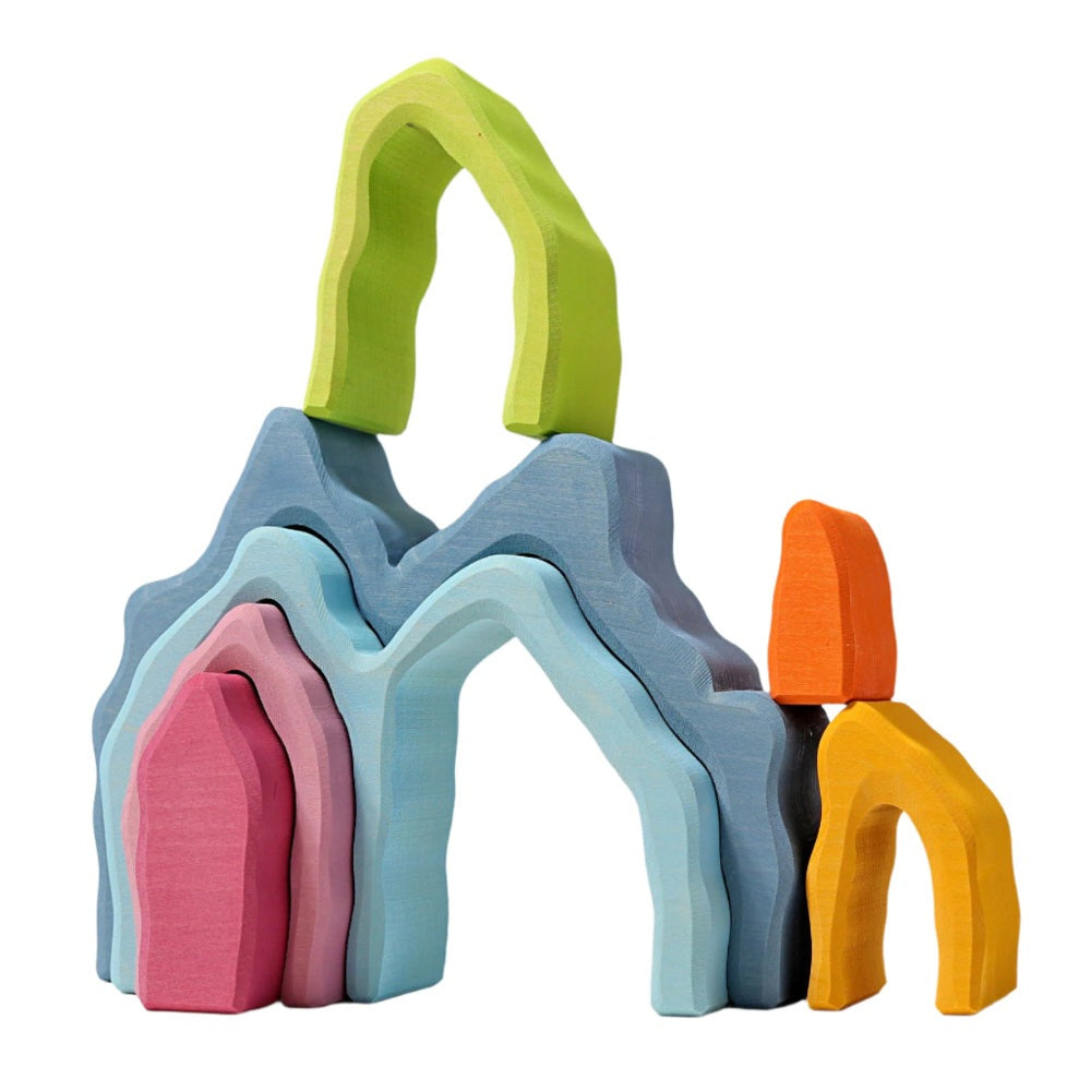 Grimm's Cave Arch Stacker 7pcs wooden arches set in pastel colors with lime-green handle