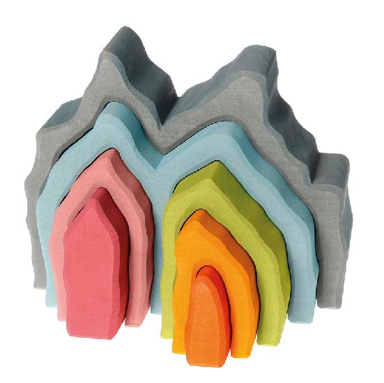 Grimm's Cave Arch Stacker 7pcs, colorful pastel wooden arches arranged in a rainbow stack