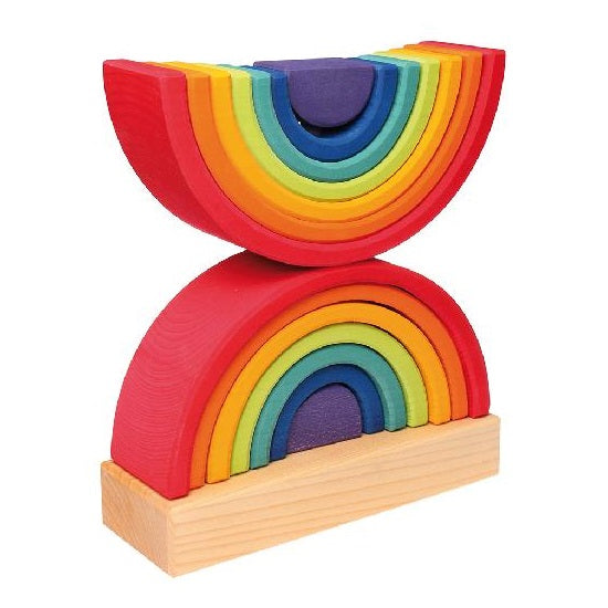 Grimm's Stacking Double Rainbow Tower, set of colorful wooden rainbow arches on a natural wood base