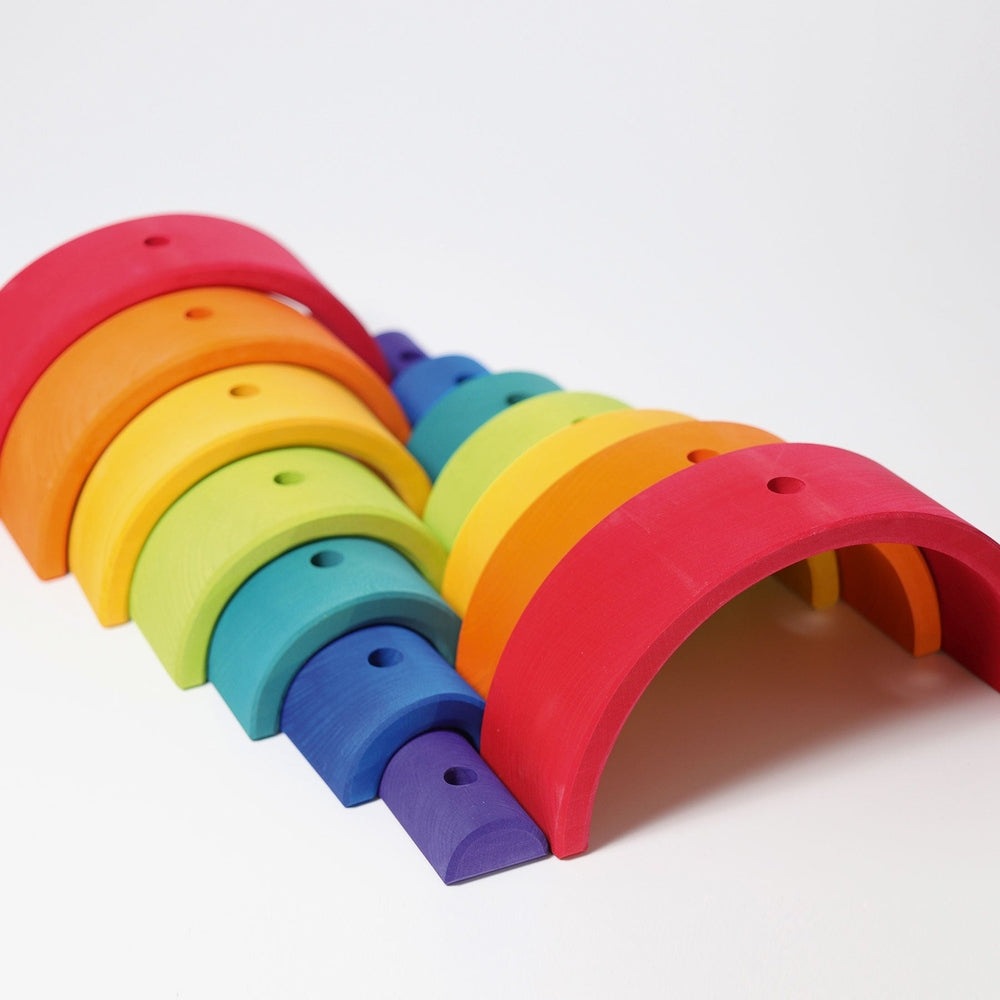 Grimm's Stacking Double Rainbow Tower; colorful wooden arches in rainbow hues