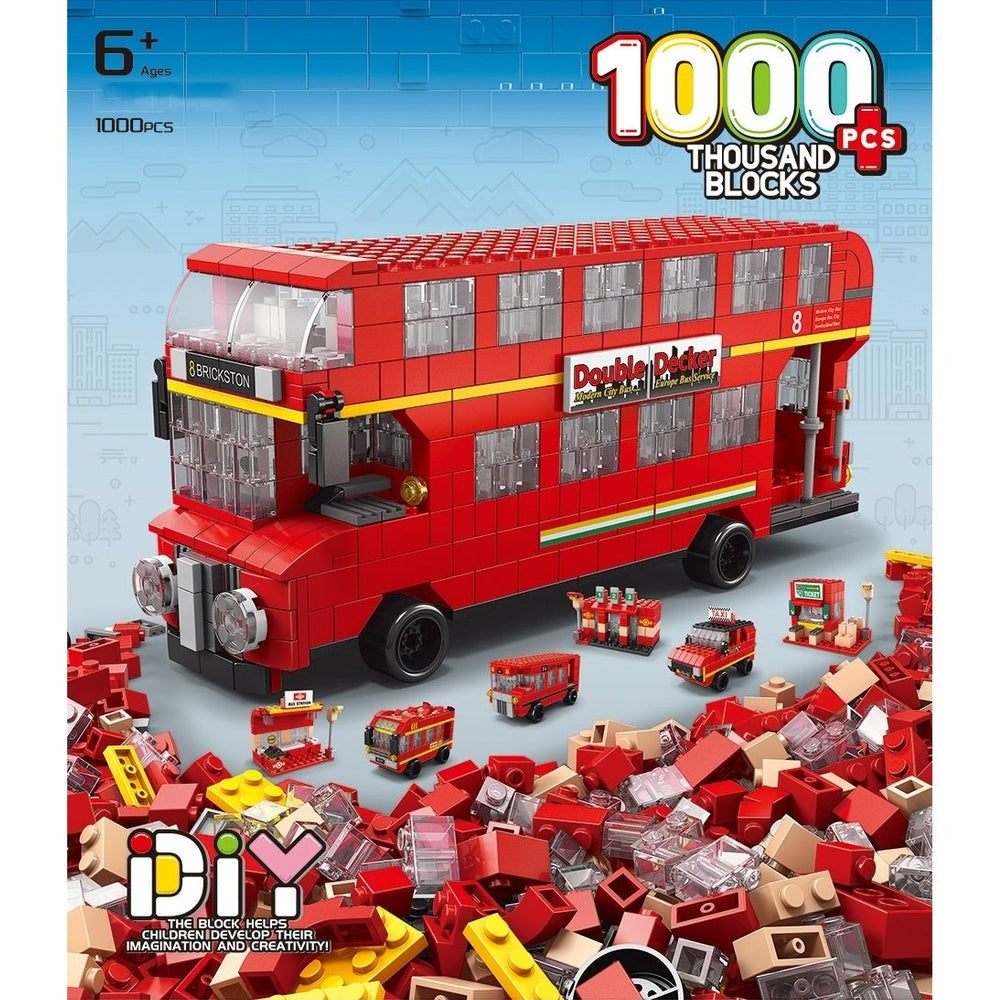 Handsome Toys Building Block Series Bus, red double-decker 1000-piece set with assorted mini vehicles