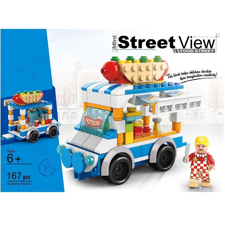 Hotdog Stall building blocks set, 167 pieces by Handsome Toys, includes mini figure and blue vehicle