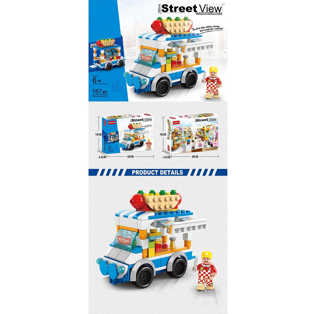 Handsome Toys Hotdog Stall building blocks set with blue and white truck, yellow accents, 167 pieces