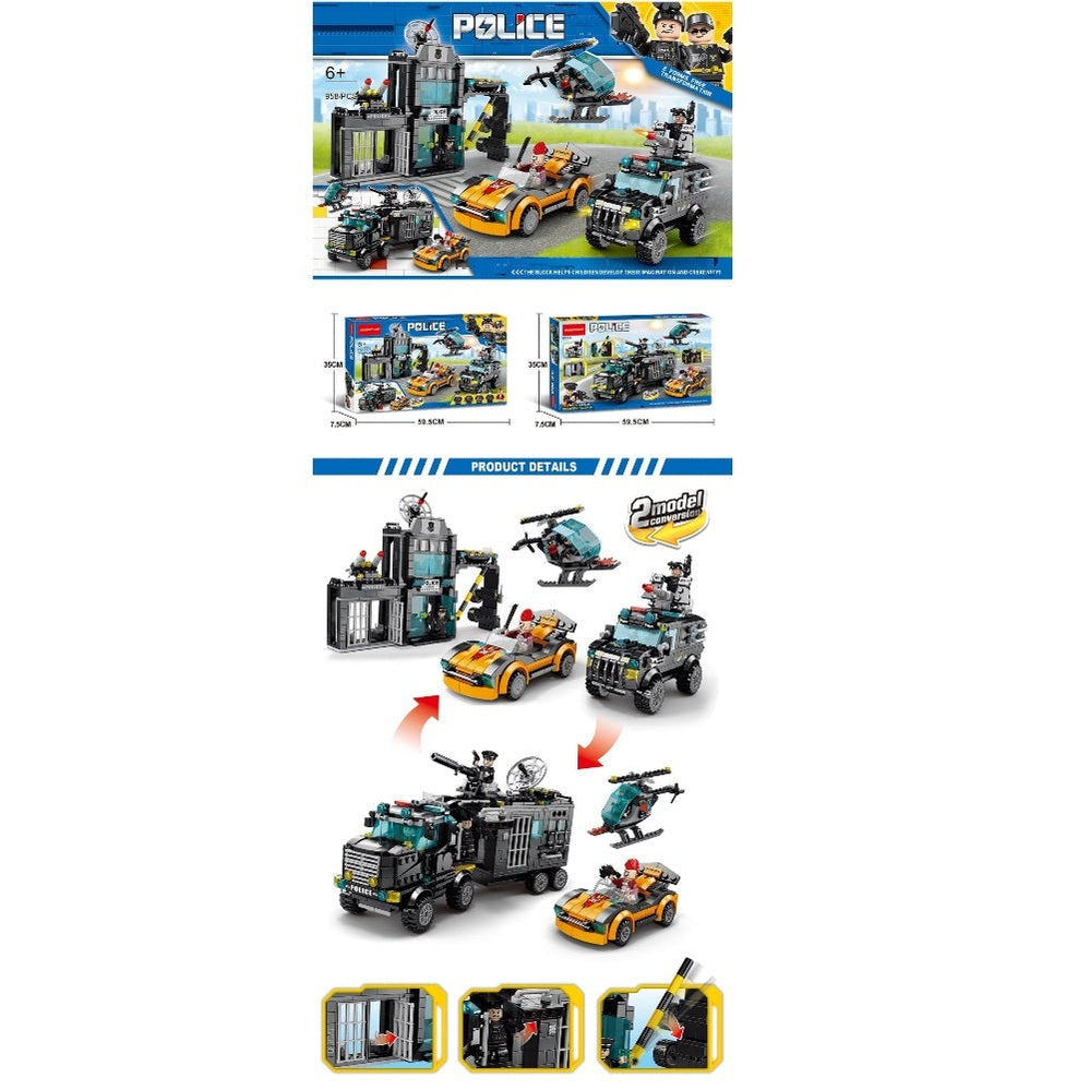 Police station building blocks set with helicopter and vehicles, 958 pcs by Handsome Toys
