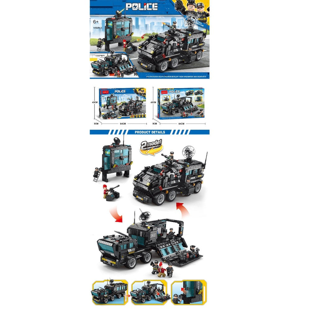 Handsome Toys Satellite Armored Vehicle building set, 1459 pieces, black and teal.