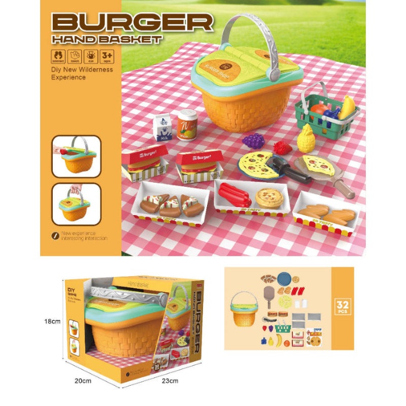 Handsome Burger Picnic Basket 32-piece pretend play food set with orange basket and picnic accessories by HANDSOME TOYS