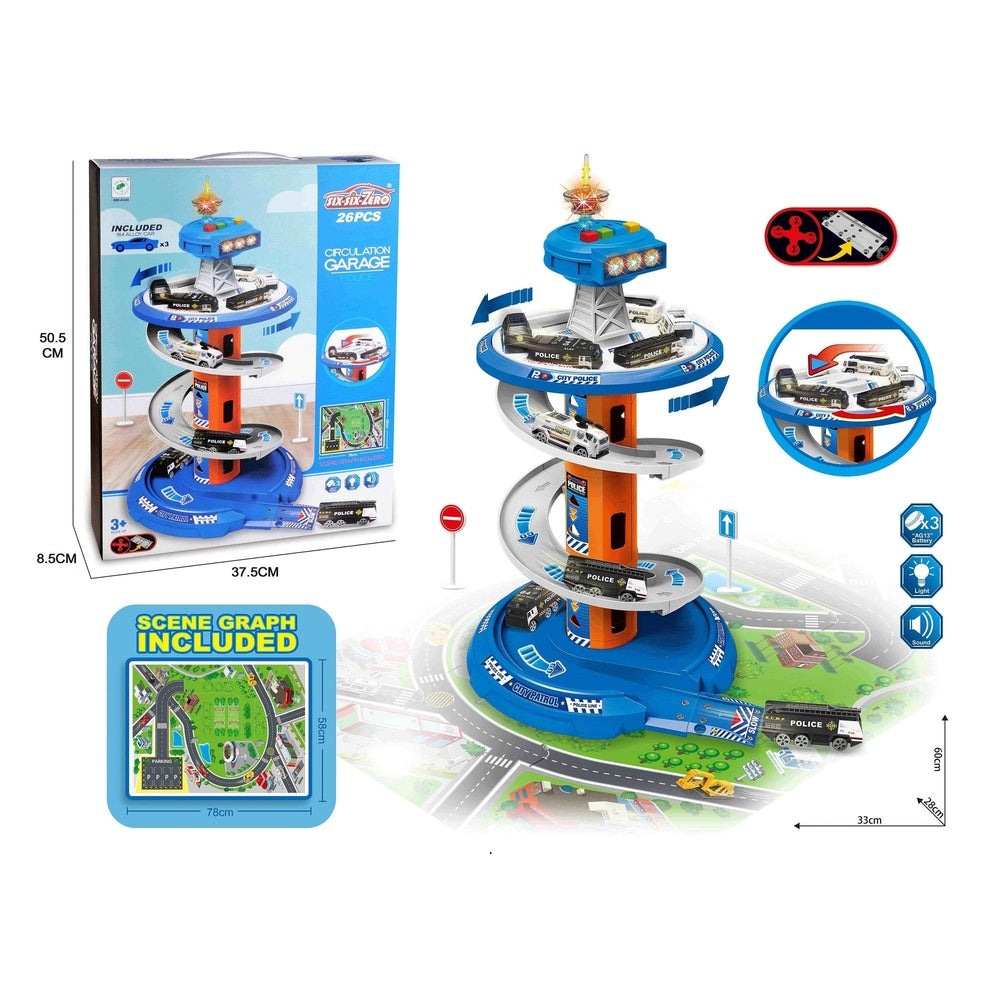 Handsome Circulation Garage 26pcs toy set featuring a blue spiral parking tower and cars by Handsome Toys