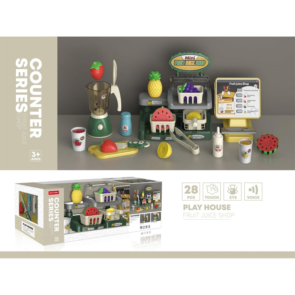 Handsome Toys Fruit Juice Shop 28pcs kitchen playset with blender, fruit props, juice cups