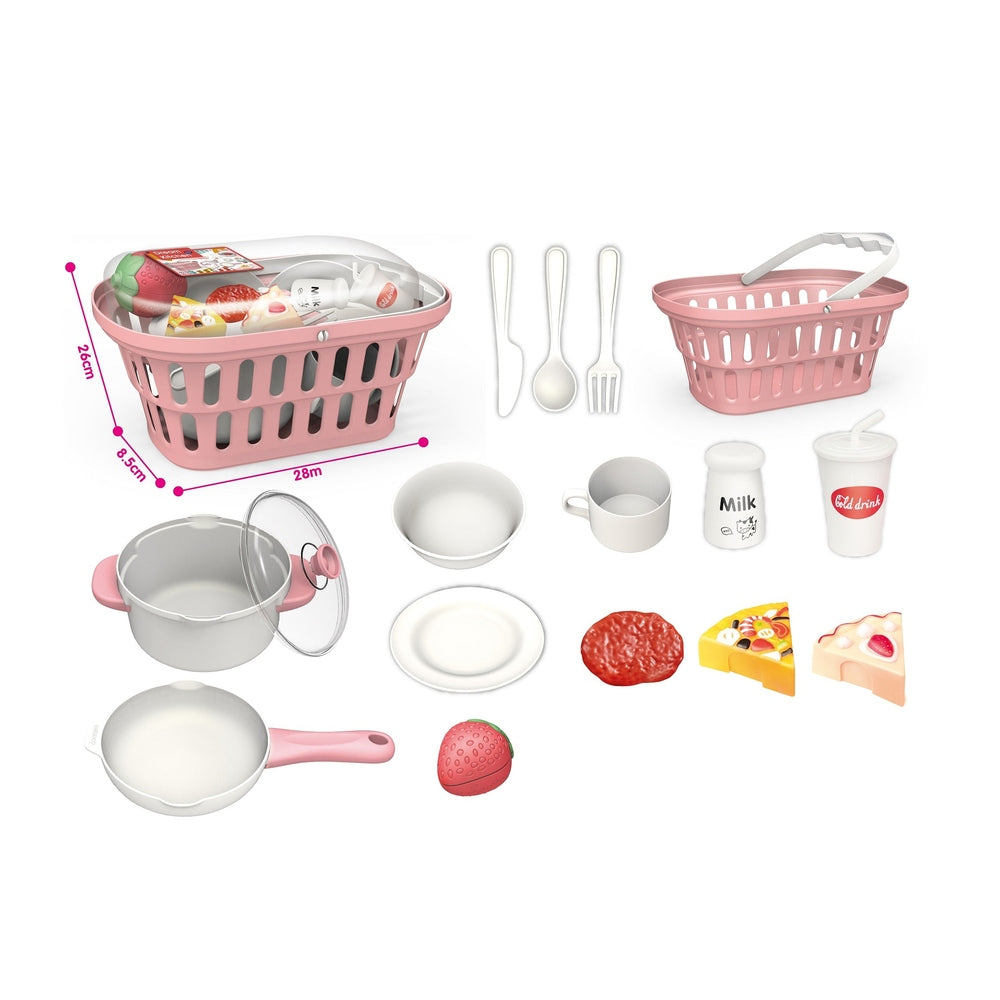 Handsome 16-piece pretend kitchen set in pink with basket, frying pan, cookware, utensils, dishes and toy foods