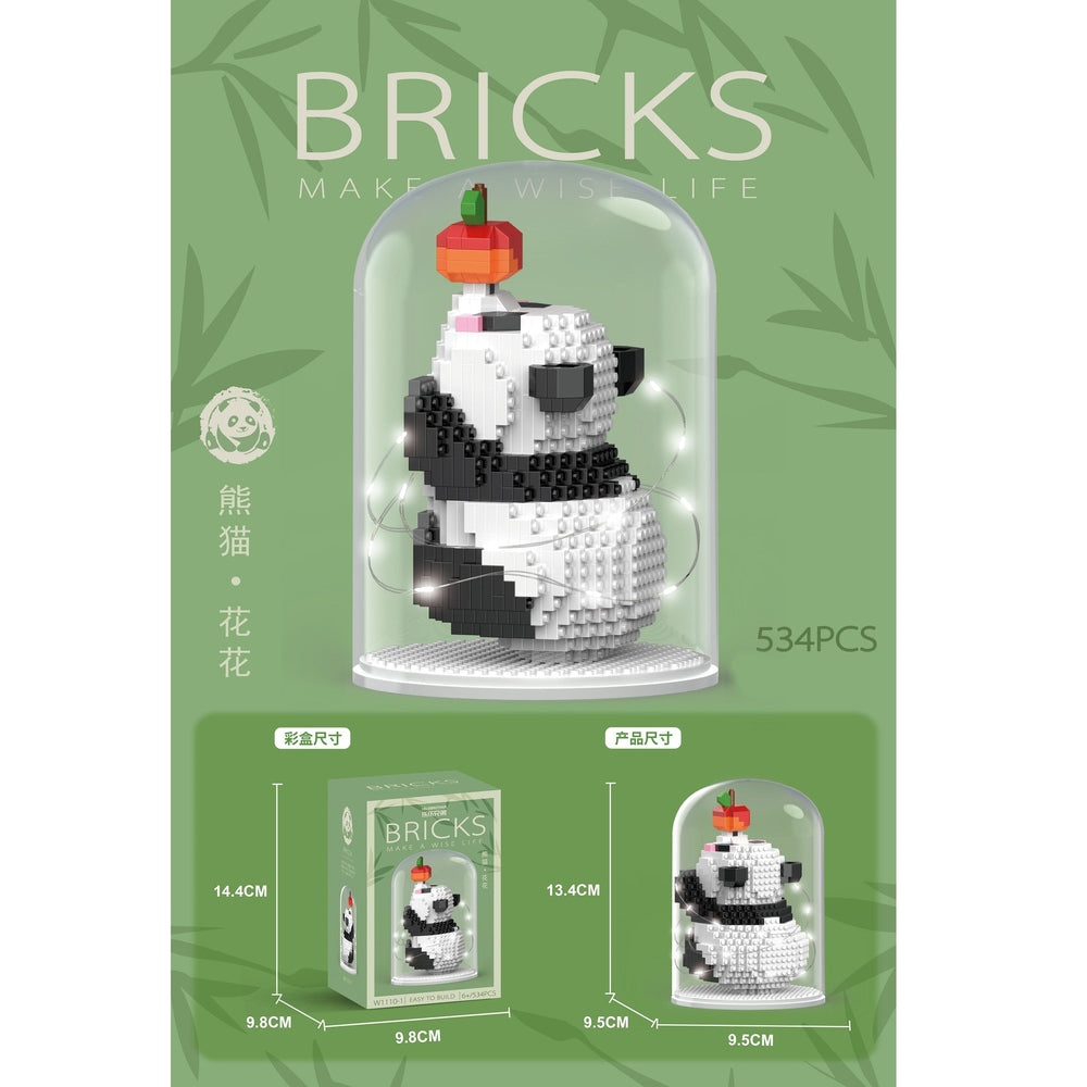 Panda building blocks sculpture under glass dome, 534-piece HANDSOME TOYS set