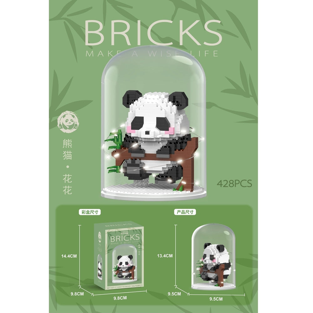 Handsome Panda brick sculpture under glass dome with a flower on the tree, 428 pcs, HANDSOME TOYS