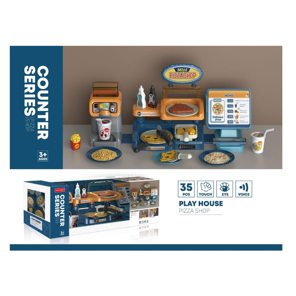 Pizza shop play set 35pcs by HANDSOME TOYS in blue and orange with pizza, utensils, drinks