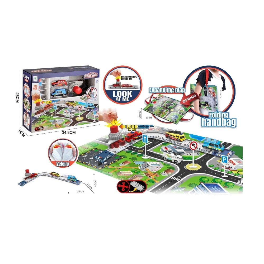 Handsome Punch-Shoot-Track with Map, 23-piece folding map car play set by Handsome Toys