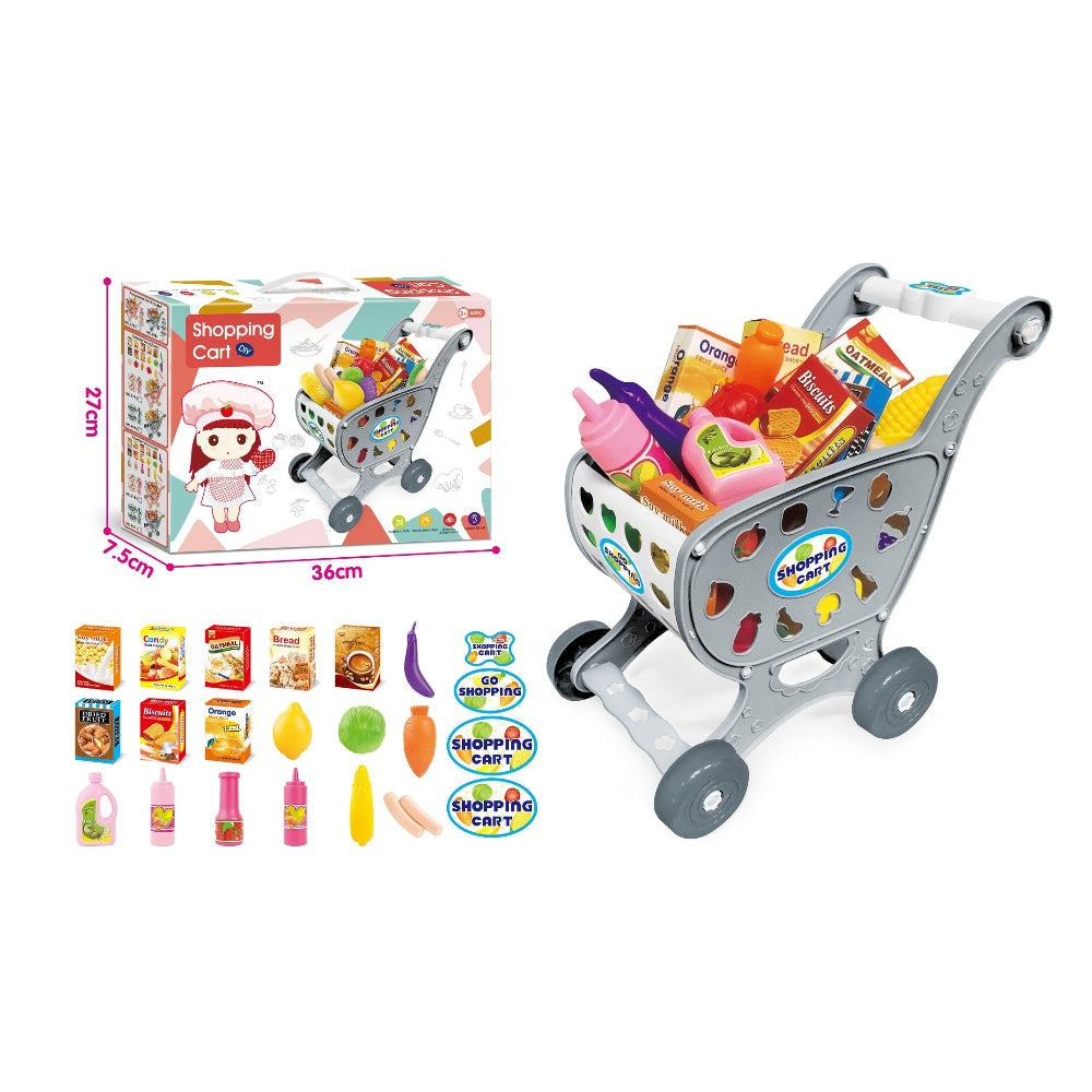 Handsome Shopping Cart toy in gray with groceries and play-food accessories, HANDSOME TOYS.