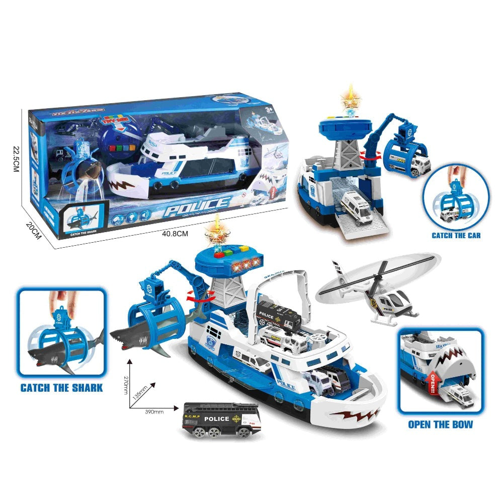 Handsome Slingshot Shark Police Storage Boat playset in blue and white with police boat, shark cage, and helicopter