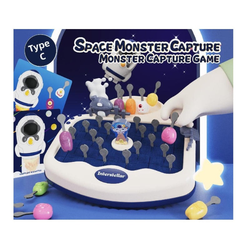 Space Monster Capture Game by Handsome Toys; blue peg board with gray pegs and multicolor monster tokens