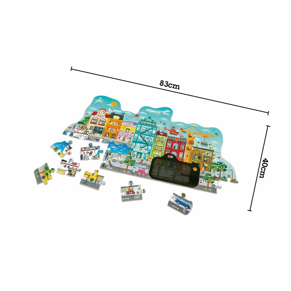 Hape Animated City Puzzle; colorful cityscape jigsaw, 83cm x 40cm, with assorted pieces