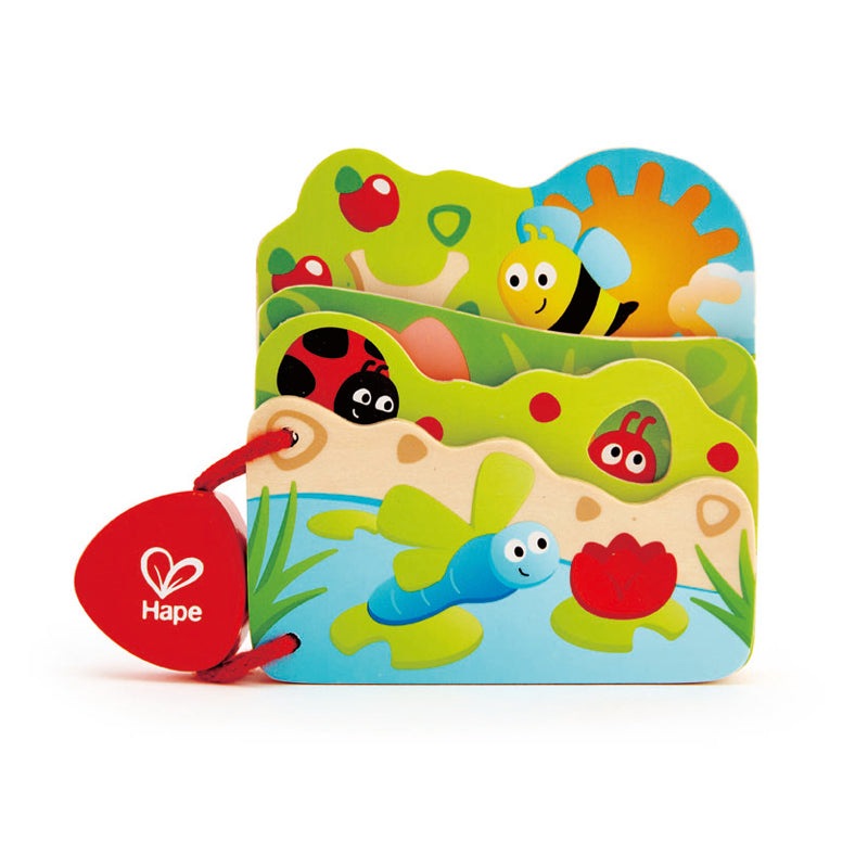 Hape Baby's Bug Book wooden toy with bright bug scenes, stacked pages, and a red Hape tag.