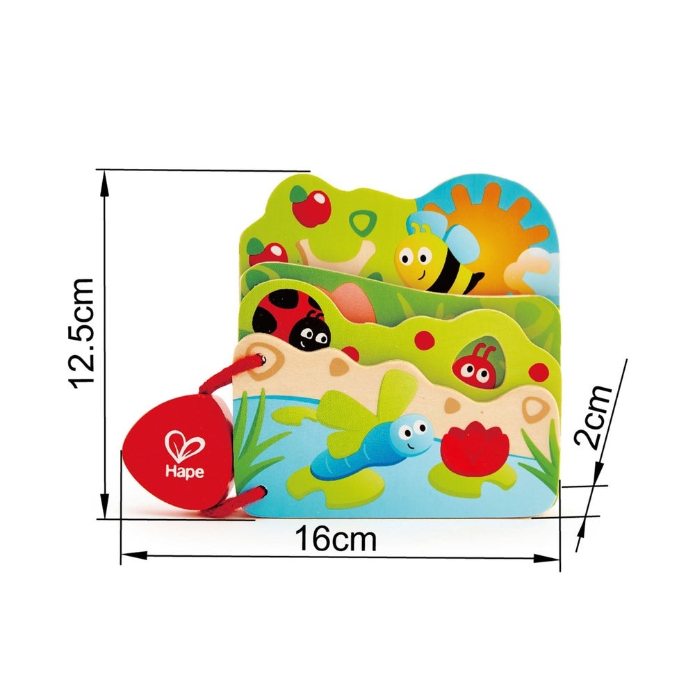 Hape Baby's Bug Book, a colorful wooden toddler book with bright insect scenes, stacked pages and a red tag, 1612.52 cm.