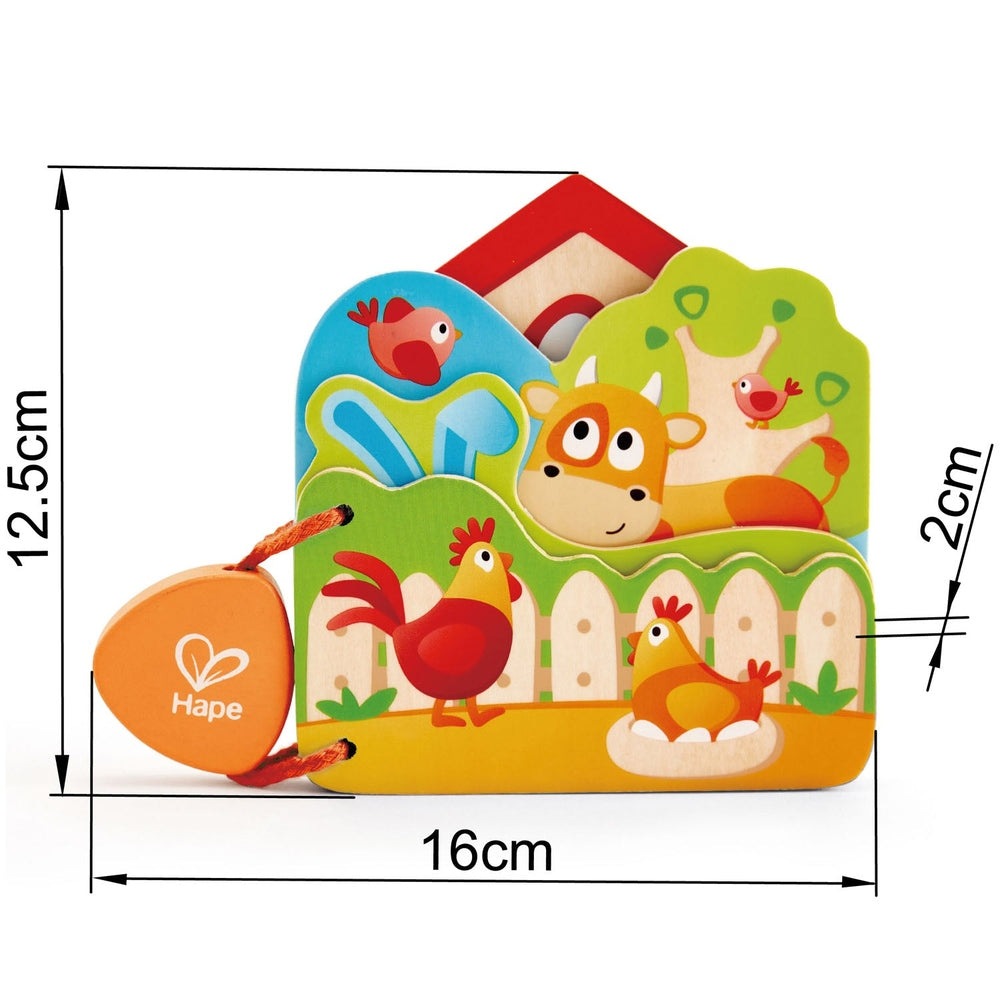 Hape Baby's Farm Animal Book, wooden toy with colorful farm panels and animals; pages flip for play.