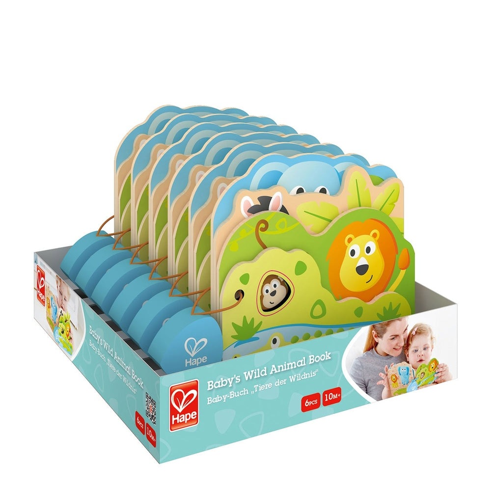 Hape Baby's Wild Animal Book set, 6 blue-green jungle books with lion and monkey illustrations.