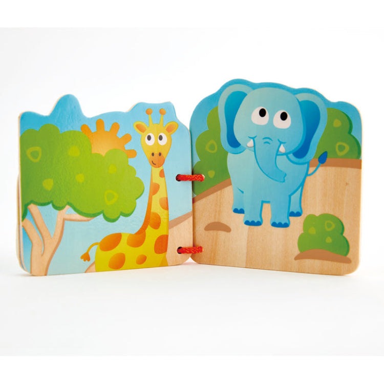 Hape Baby's Wild Animal Book; wooden two-page toy with colorful giraffe and blue elephant illustrations