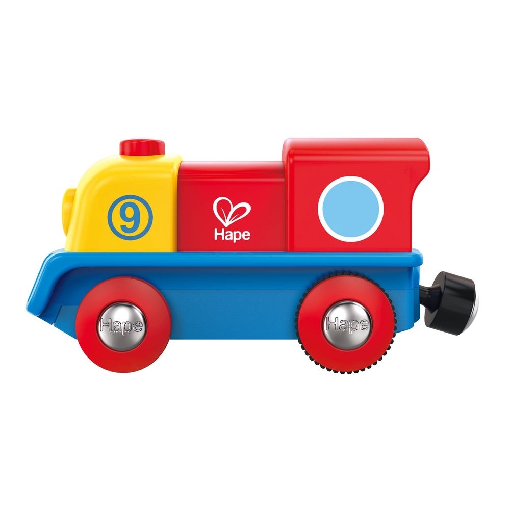 Brave Little Engine toy train by Hape; red, yellow, and blue plastic with silver hub caps