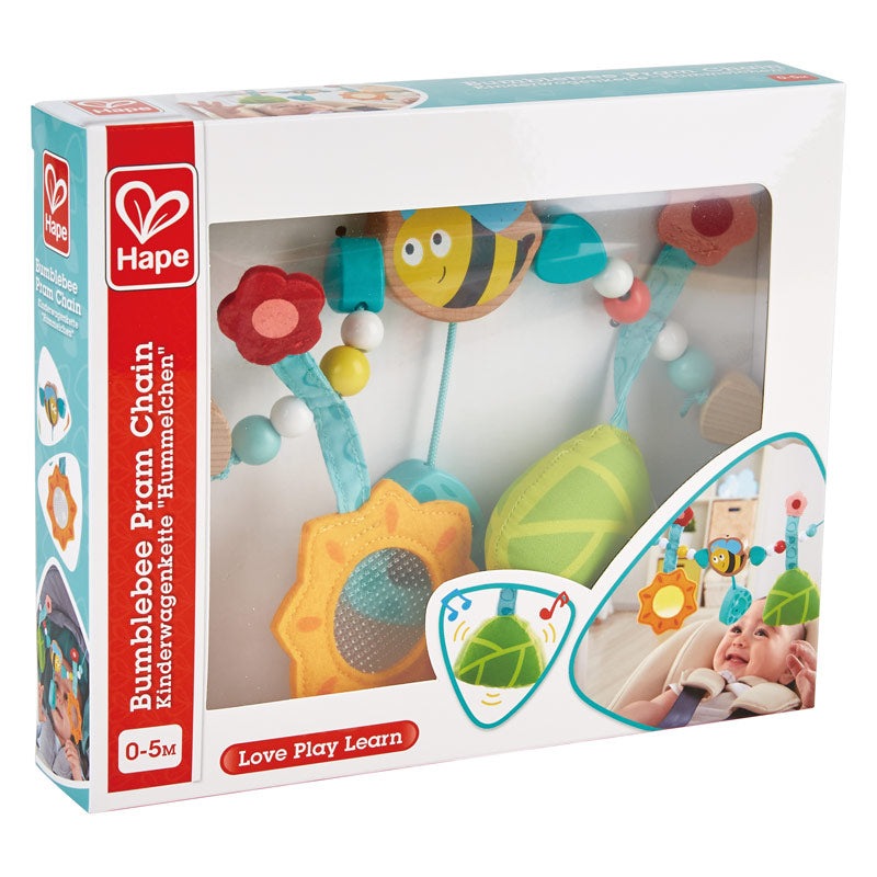 Hape Bumblebee Pram Chain with colorful beads and floral shapes for 0-5M