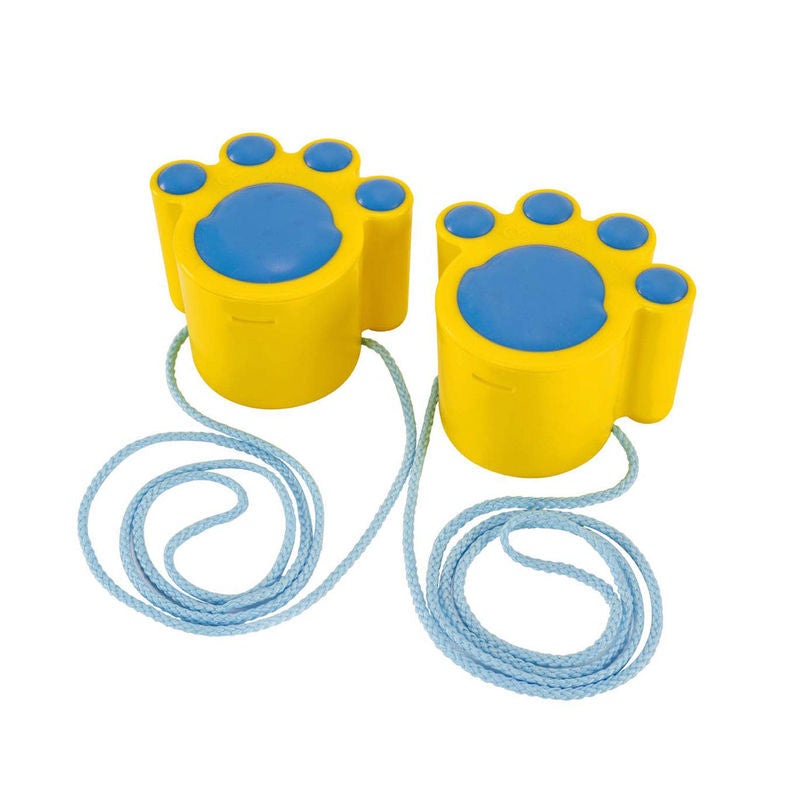 Hape Cat Step Yellow pair of paw-shaped stepping stones with blue centers and attached blue ropes
