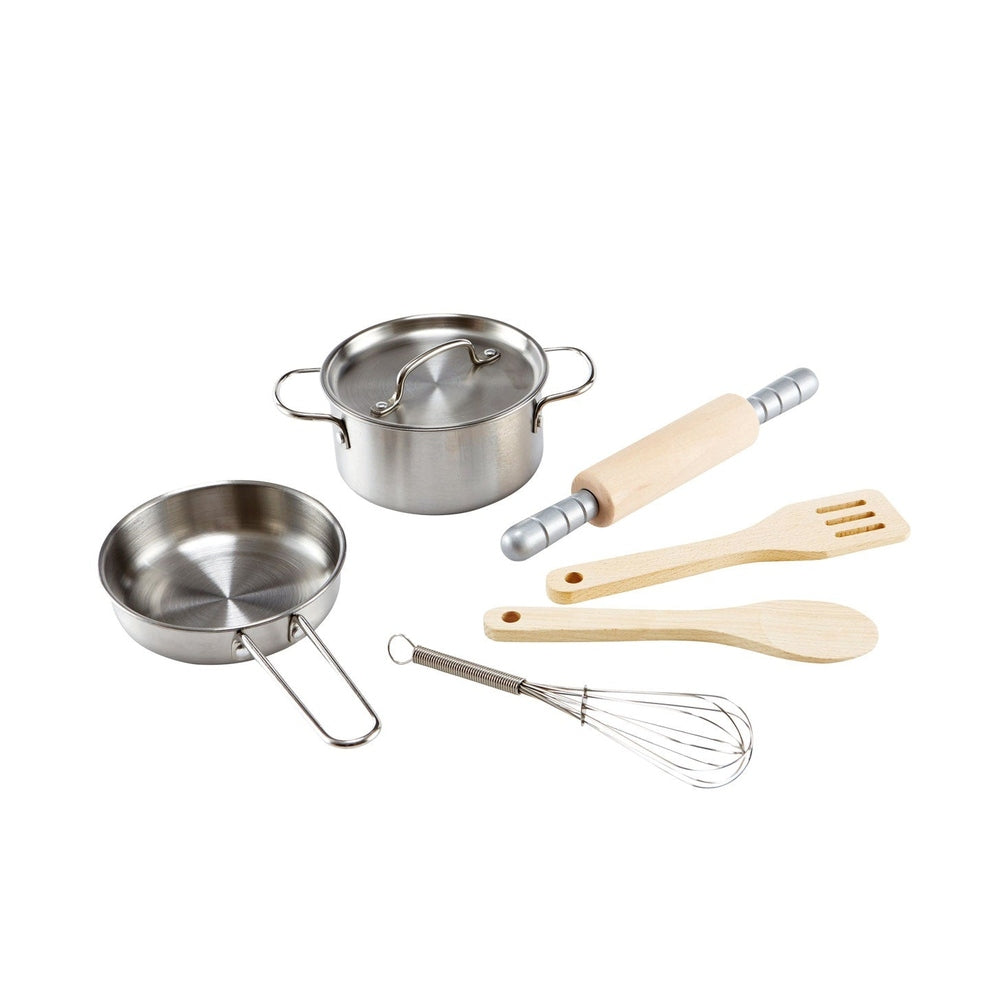 Hape Chef's Cooking Set: stainless pots and frying pan with wooden utensils, whisk and rolling pin for pretend cooking.