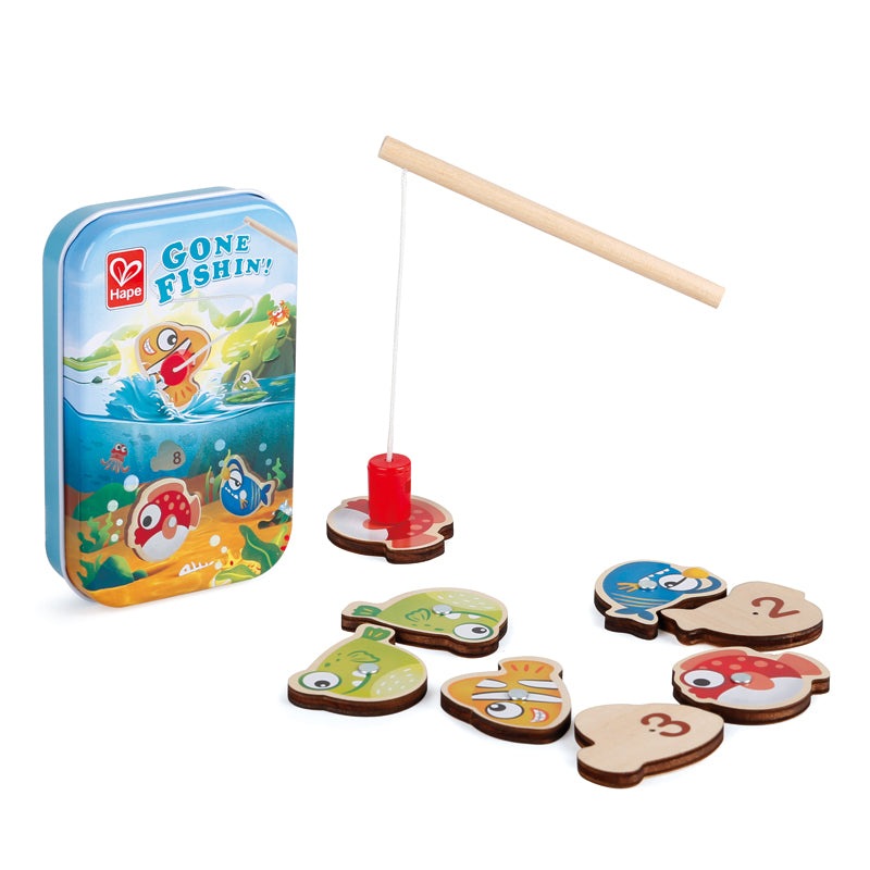 Hape Classic Pocket Game Gone Fishin set with wooden fish tokens and magnetic rod in blue tin case