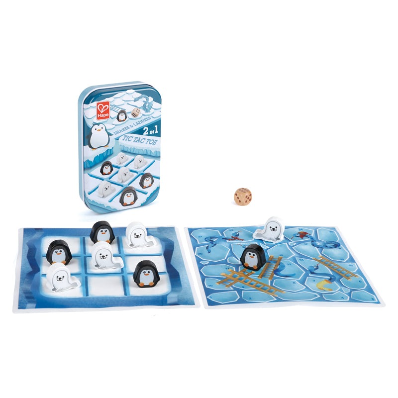 Hape Classic Pocket Games 2-in-1 Snakes & Ladders and Tic Tac Toe set with penguin and seal pieces