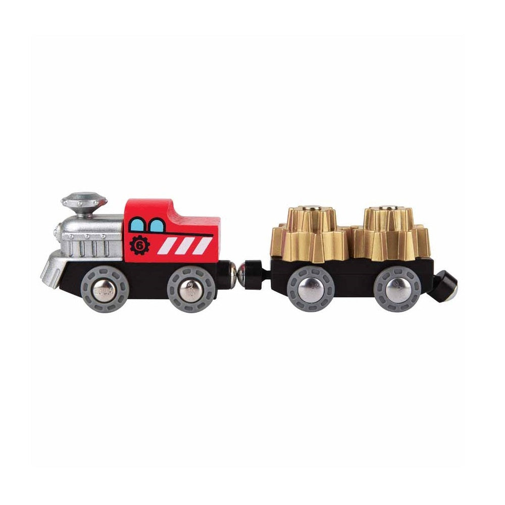 Hape Cogwheel Train toy, red engine with silver smokestack pulls a black freight car loaded with gold cogwheel pieces