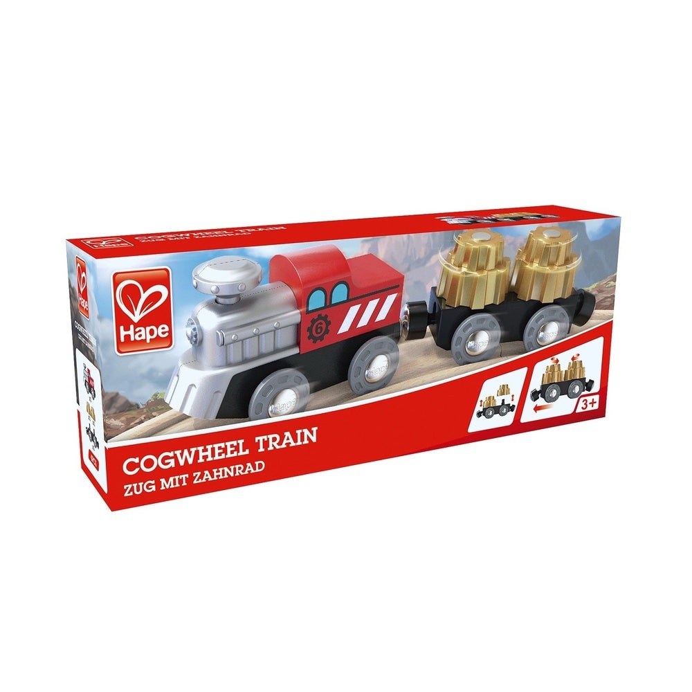 Hape Cogwheel Train set, red locomotive with silver boiler and gray wheels pulling a gold cogwheel tender.