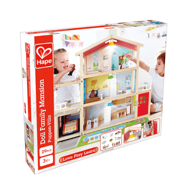 Hape Doll Family Mansion dollhouse with multiple rooms; two kids play inside.