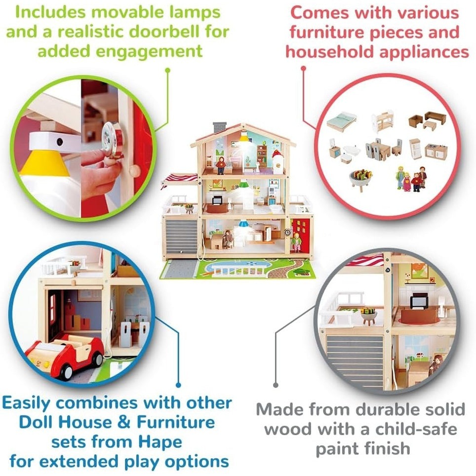 HAPE Doll Family Mansion, wooden dollhouse with movable lamps, varied furniture pieces, and child-safe paint finish.