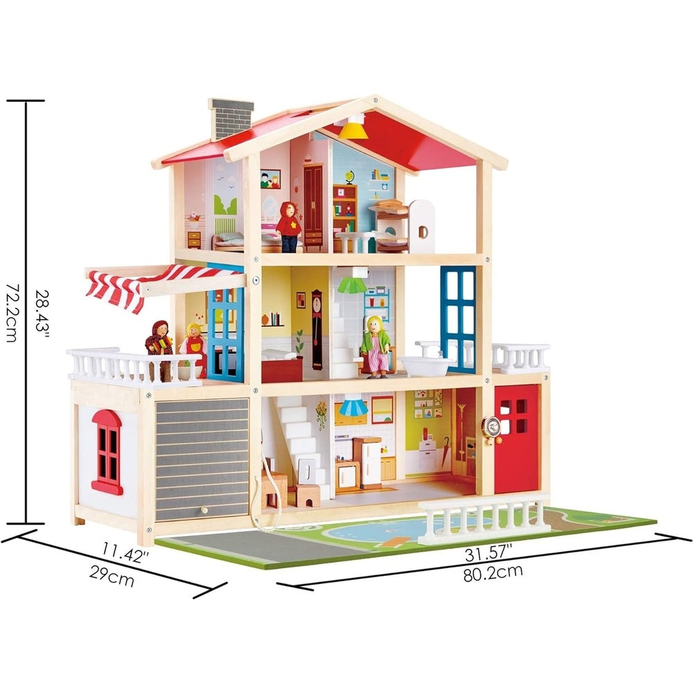 Hape Doll Family Mansion wooden four-story dollhouse with colorful rooms, figures, furniture, and balcony.