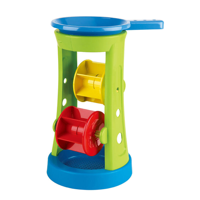 Hape double sand and water wheel toy with green frame, blue top and base, red and yellow wheels