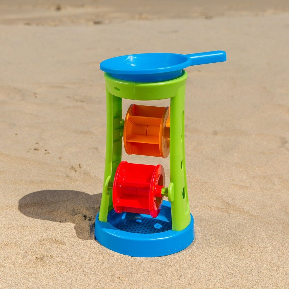 Hape Double Sand and Water Wheel toy with bright green frame, blue base and top, orange and red drums