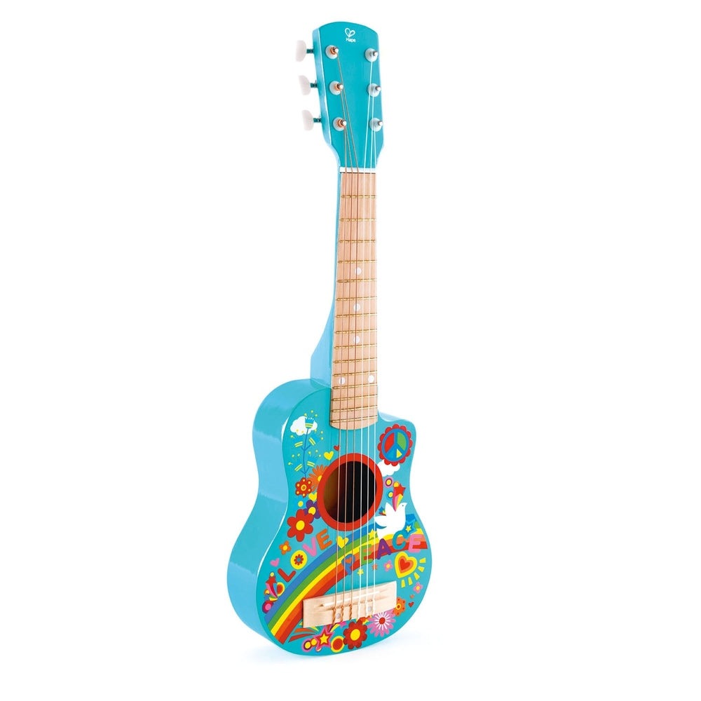 Hape Flower Power Guitar toy in bright blue with floral art and natural wooden neck, strings visible.